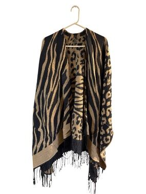 Lane Bryant Poncho Shawl with Fringe One Size Animal Print Brown Black